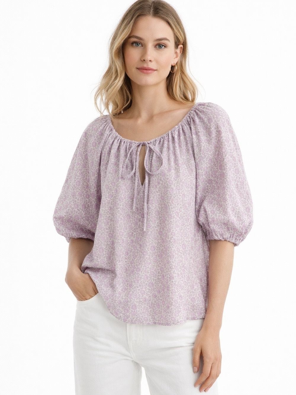 ANN MASHBURN Lavender Puff-Sleeve Peasant Blouse